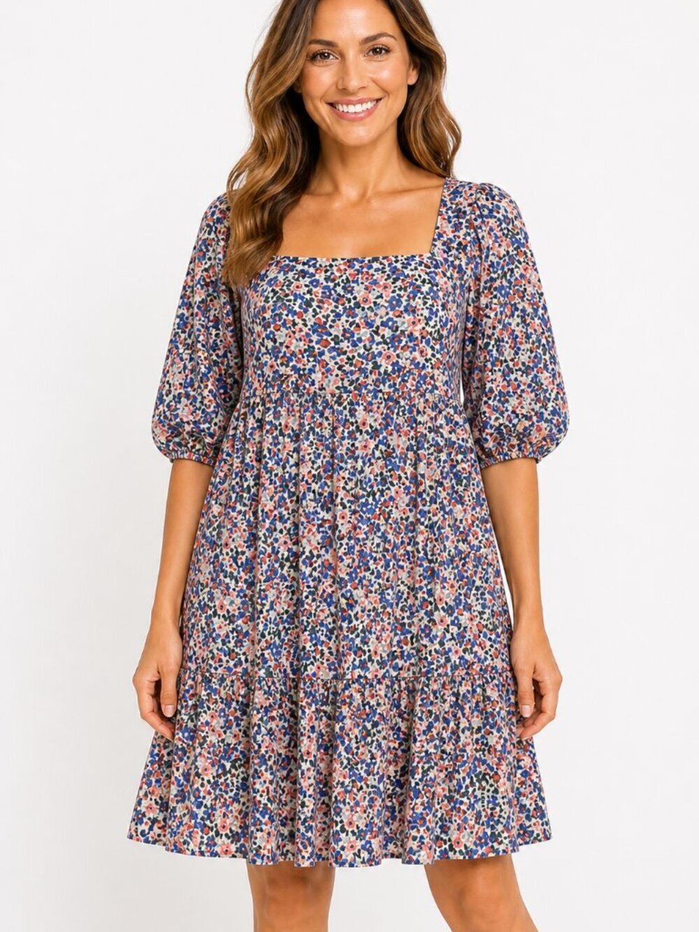 BCBG Paris Floral Mini Dress Balloon Sleeve Tie Back Blue Multi L